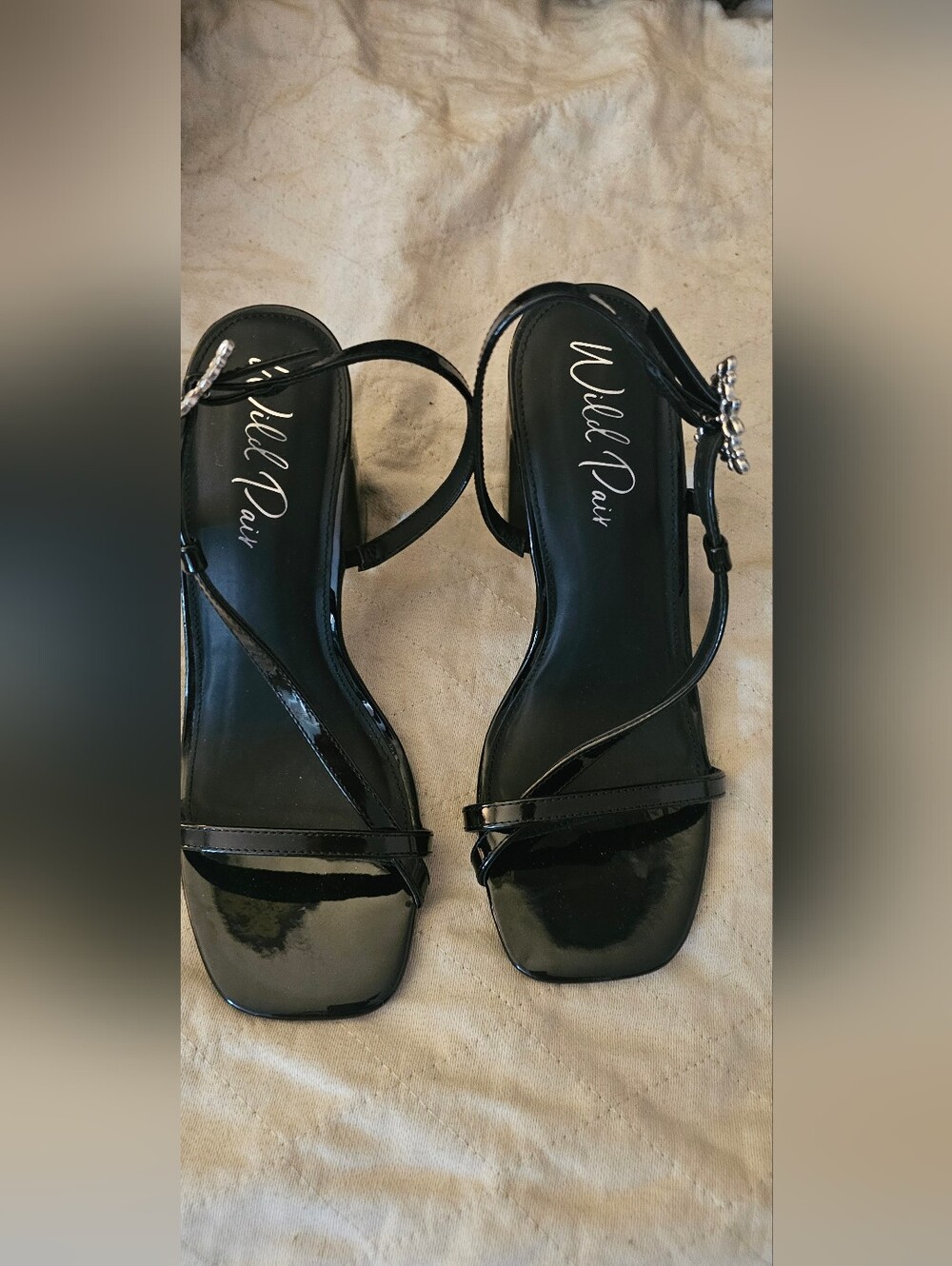 Wild Pair Black Patent Strappy Heels with Crystal Accent